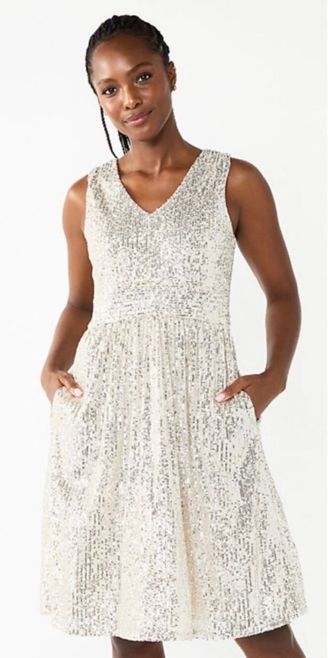 Draper James V-Neck Silver Sequin Sleeveless Cocktail Party NYE Dress 2